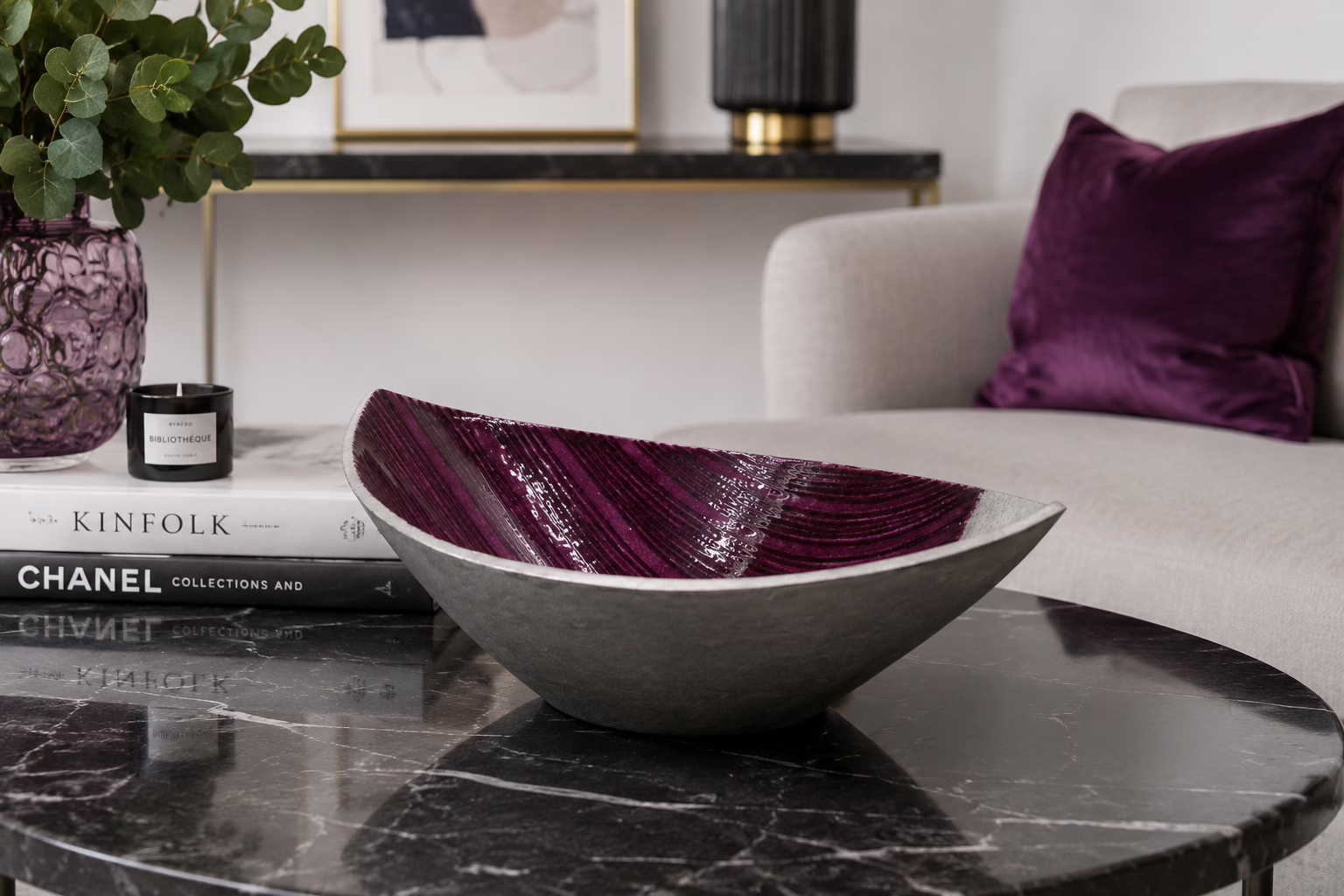 Dekoracyjna misa aluminiowa fioletowa nowoczesny design misa na owoce loft glamour