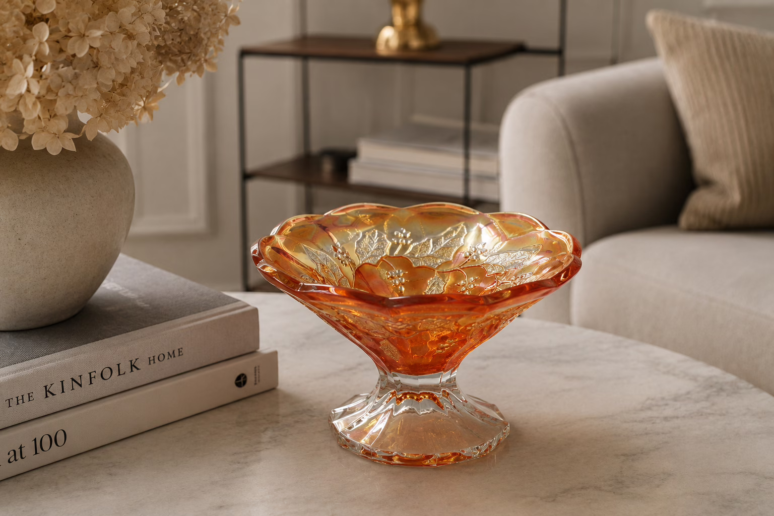 Patera na nodze Carnival Glass Marigold 16,5 cm szkło prasowane vintage winogrona