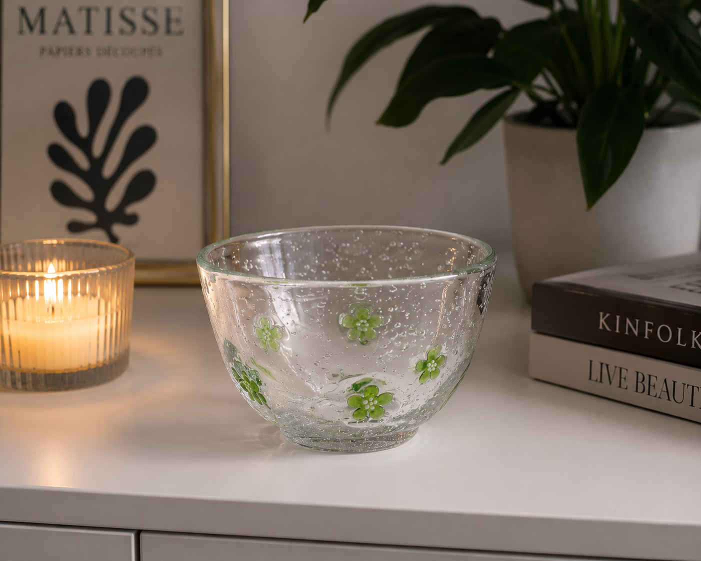 Skandynawska miseczka szkło artystyczne bubble glass Dania zielone kwiaty vintage