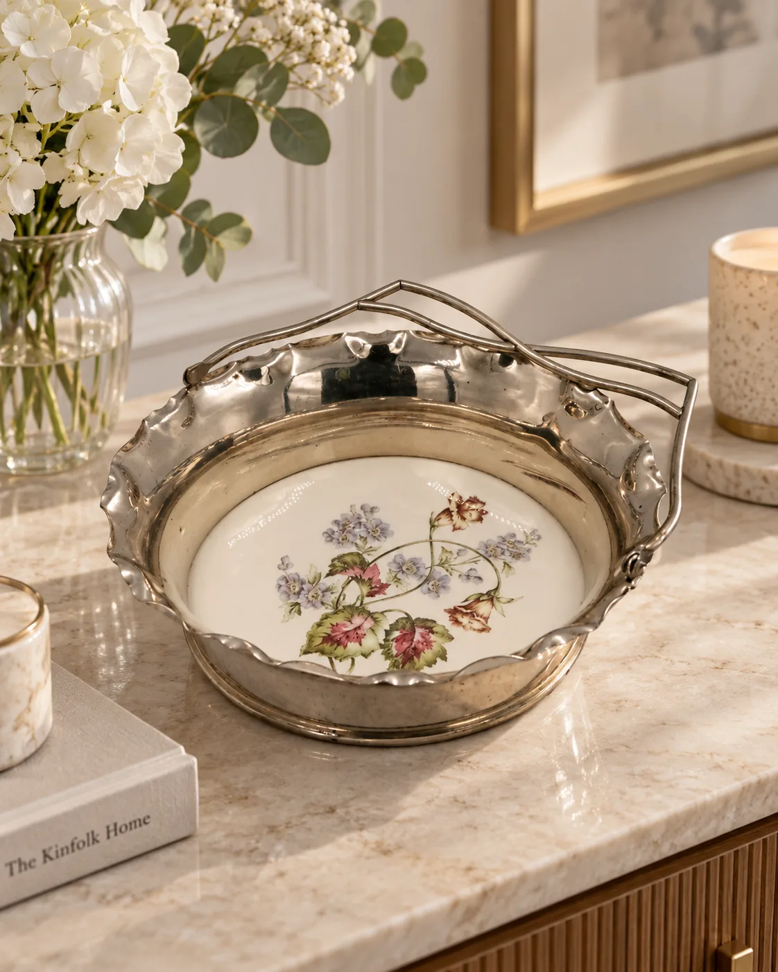 Patera koszyk vintage porcelana metal kwiaty uchwyt 22 cm