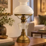 Antyczna lampa naftowa z białym szklanym kloszem – mosiądz – 43 cm