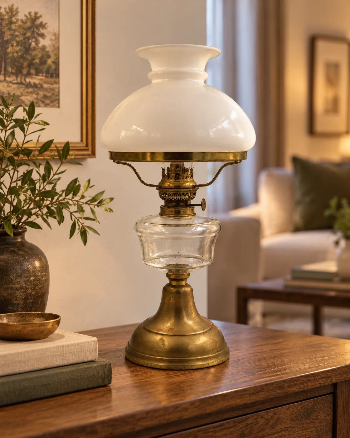 Antyczna lampa naftowa z białym szklanym kloszem – mosiądz – 43 cm